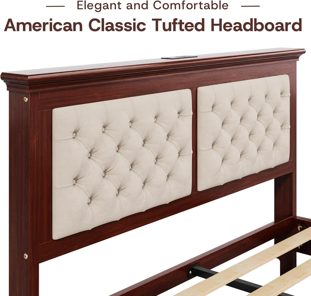 Lifezone Solid Wood Queen Bed Frame 41.5” Tall Diamond-Tufted Upholstered Hea...