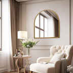 28x26 Inch Arched Bathroom Mirror, Antique Gold Wall Mirror Metal Beaded Frame, Vanity Mirror for Dresser Living Room Bedroom Mantel Entryway Hallways