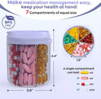 Pill Dispenser with 7 Large Compartments, 4.4" H x 3.6" Dia Pill Organizer for Travel, Supplement Organizer with Anti-Mixing Design, BPA-Free Pill Container with 20 Pcs Labels, Purple