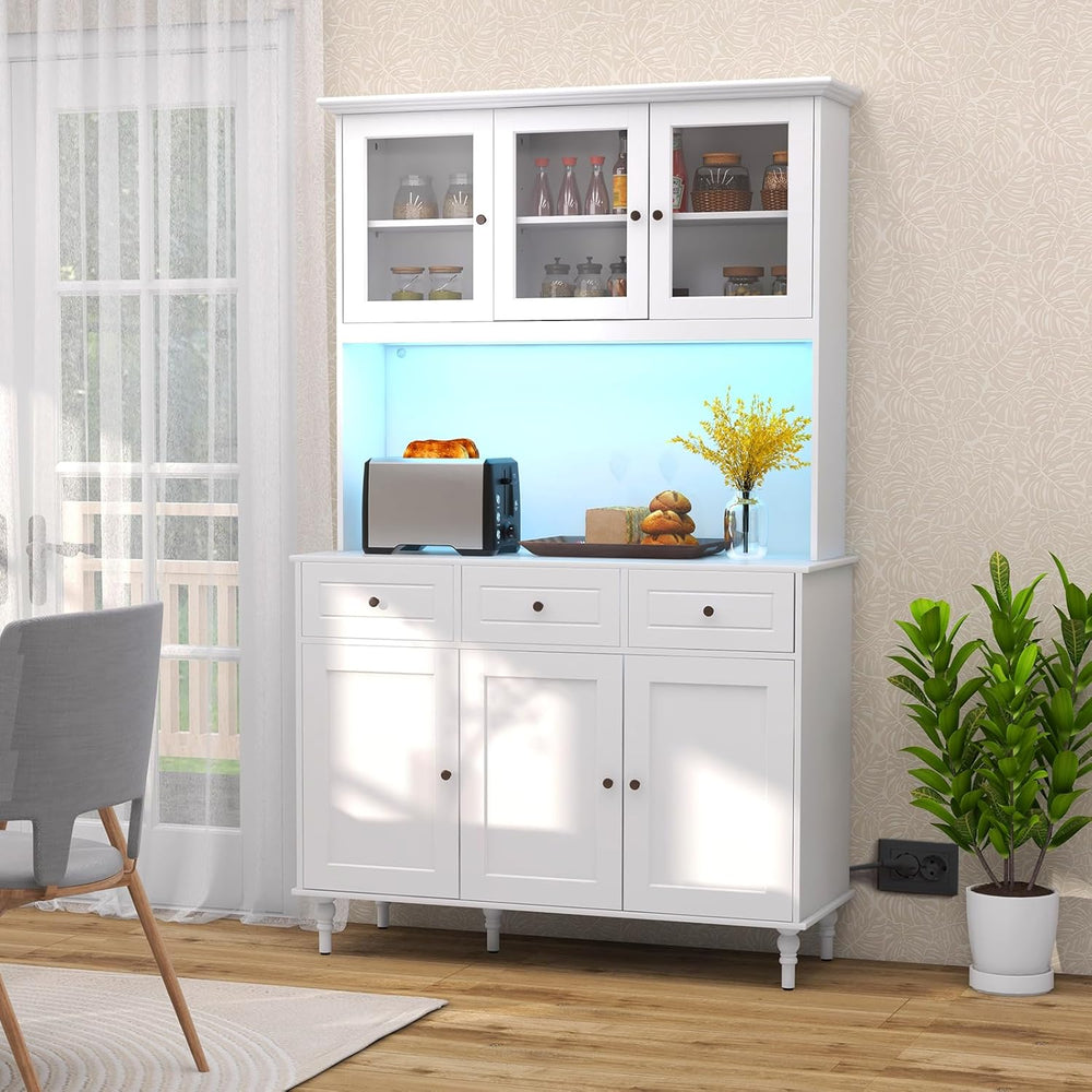 77" Large Kitchen Hutch with Charging Station, LED Pantry Cabinet with M...