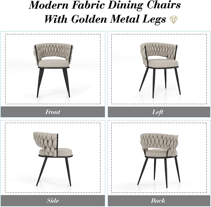 KCC Fabric Dining Chairs Set of 4, Modern Dining Chair with Metal Legs, Woven Upholstered Dining Chairs for Dining Room, Kitchen, Vanity, Living Room (Beige)
