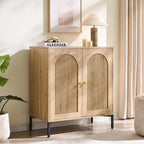 Modern TV Stands for 65 Inch TVs, 34" Tall Wood Entertainment Center w/Adjustable Shelves, Mid Century Modern TV Stand w/Arched Fluted Doors, Media Console Cabinet for Living Room, Natural