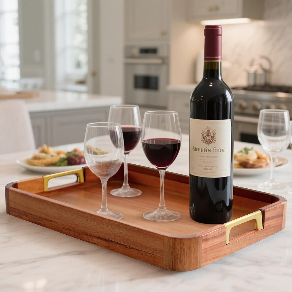 Acacia Wood Serving Tray with Metal Handles, 17x12in Food Drinks Tray for Cof...