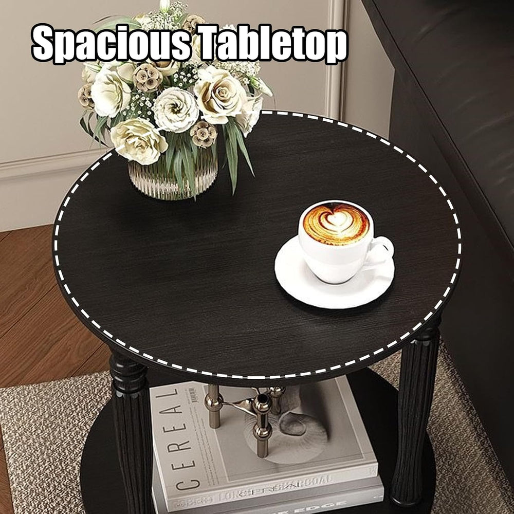 Round Side Table with Roman Column Legs, 2 Tier Sofa End Table with Storage,A...