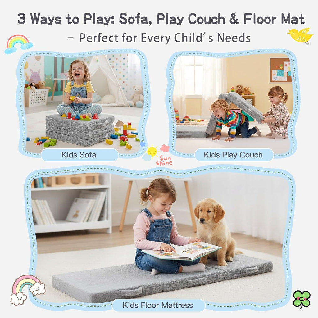 Tiita Foldable Floor Mattress for Kids -Daycare Sleeping Plush Futon or Floor Mat with Storage Bag, Toddler Floor Nap Mat, Portable Toddler Travel Mattress for Camping & Guest Use, Playroom, Grey