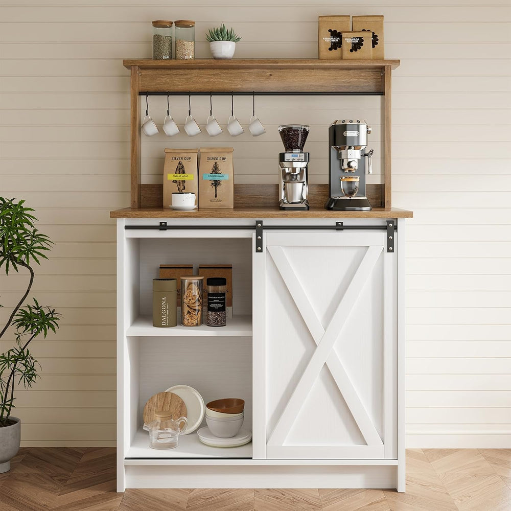 4ever2buy Farmhouse Coffee Bar Cabinet with Sliding Barn Door, 31.5", White