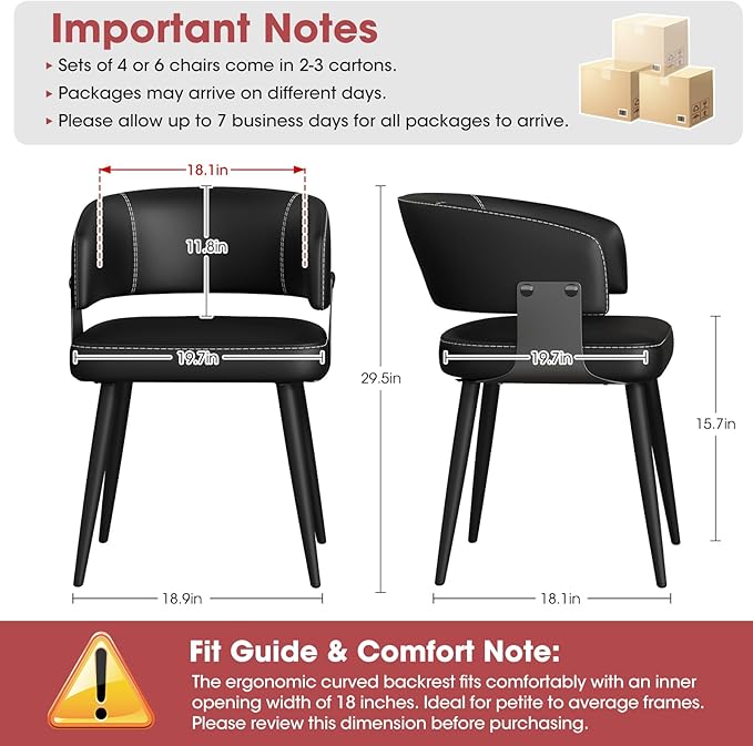 Modern Dining Chairs Set of 2, Upholstered Faux Leather Kitchen Side Chairs with Curved Open Back, Easy Assembly for Dining Room, Restaurant, Cafe, Black