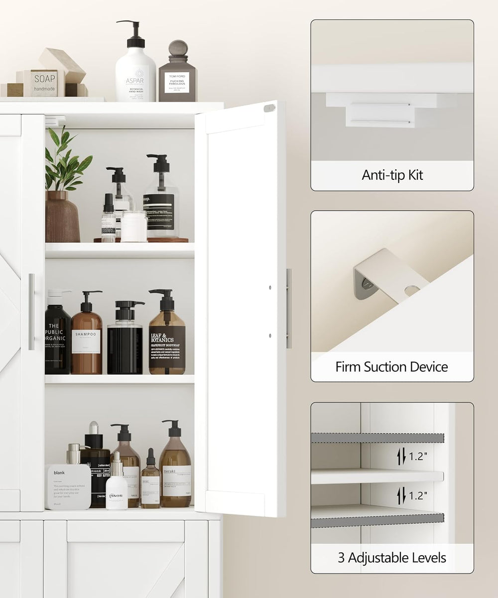 Akxomel 63''H Tall Farmhouse Bathroom Storage Cabinet with 4 Doors Wh...