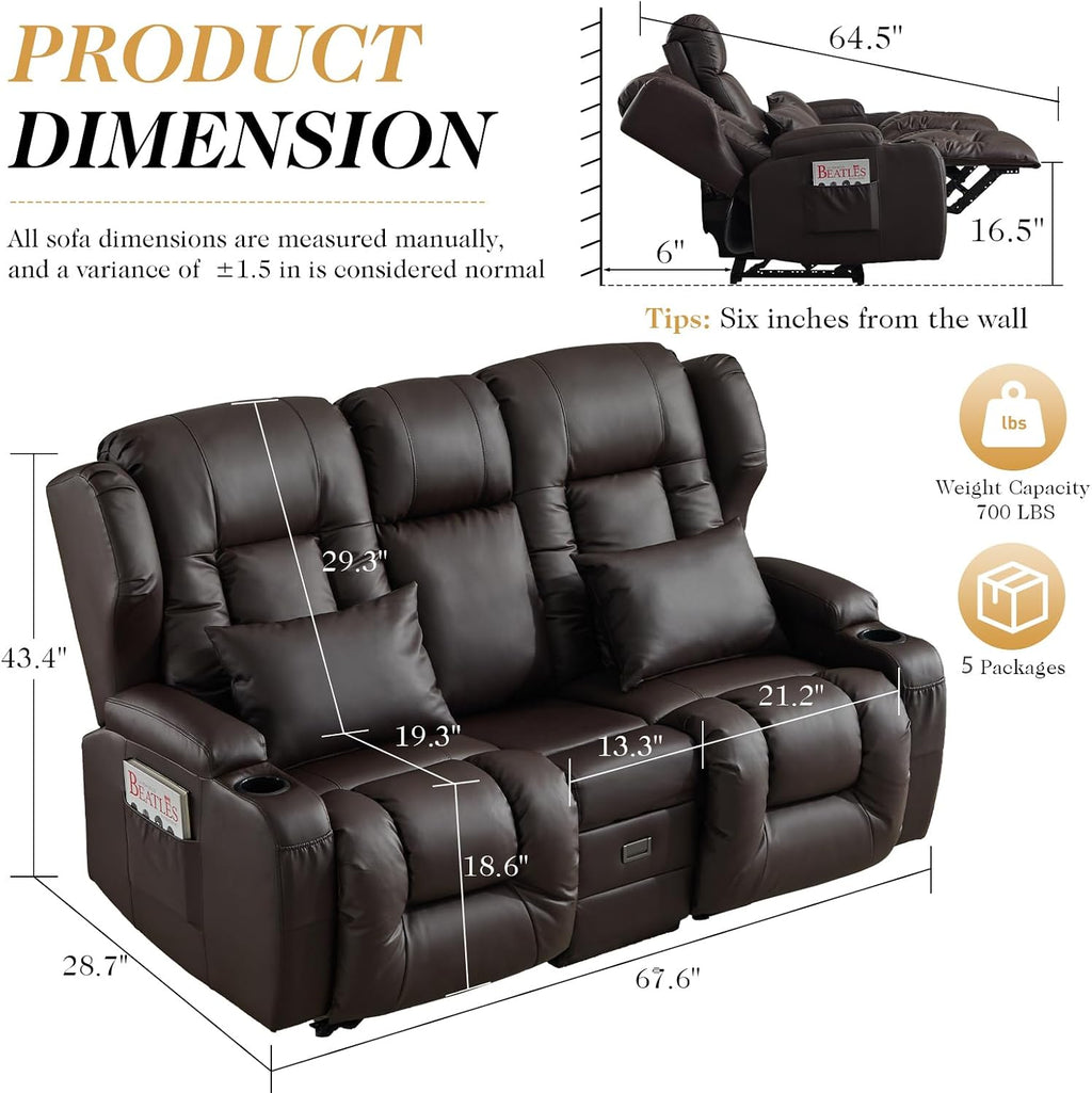 Loveseat Recliner Sofa,RV Wall Hugger Recliners with Flip-up Console,Reclining Loveseat Sofa Recliner with Cup Holders/Lumbar Pillows for Small Spaces,RV Furniture (PU Brown, 68" 2-Seater)