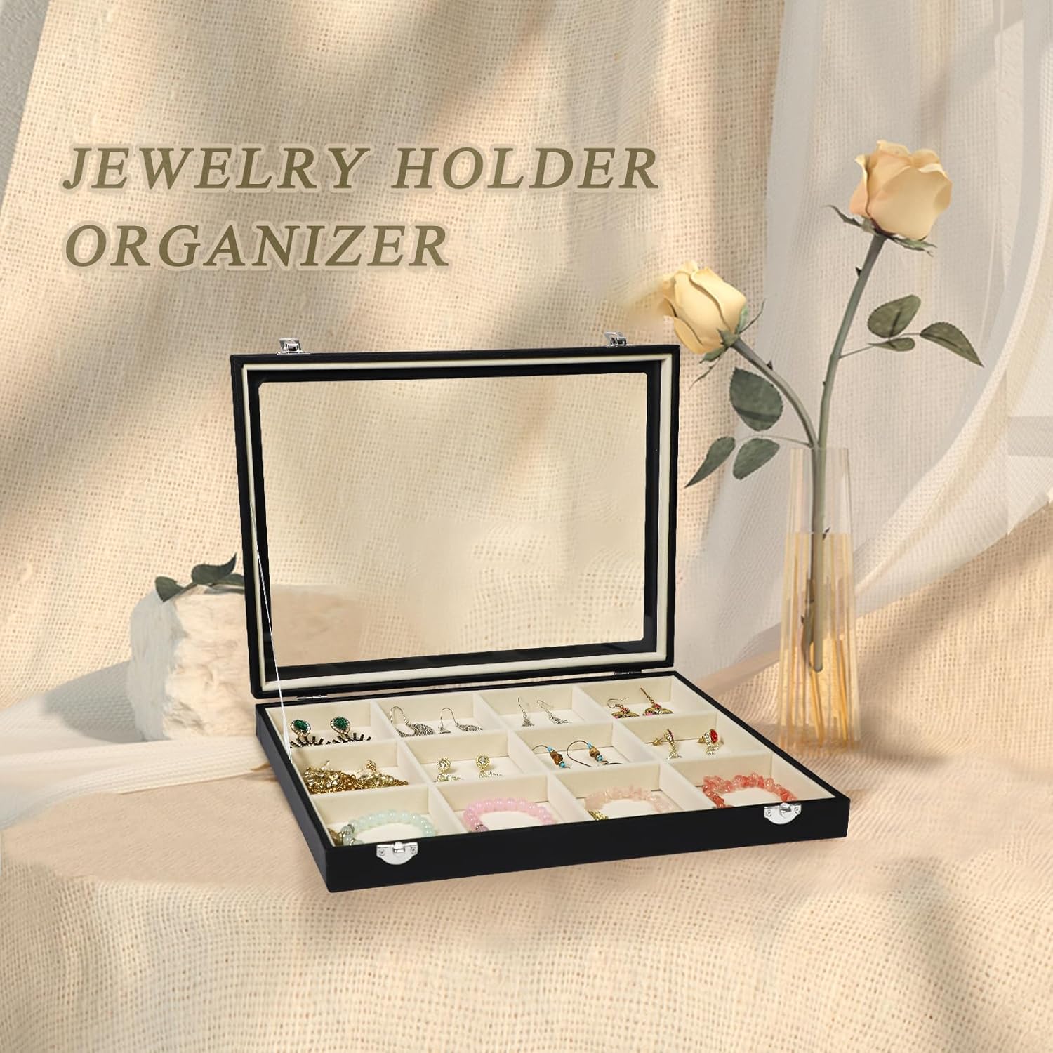 Stratalife Jewelry Organizer Bracelet Holder Organizer Box Earring Storage Drawer Jewelry Display Anti Tarnish Ring Holder For Women Girls 12 Grid (Beige Black)