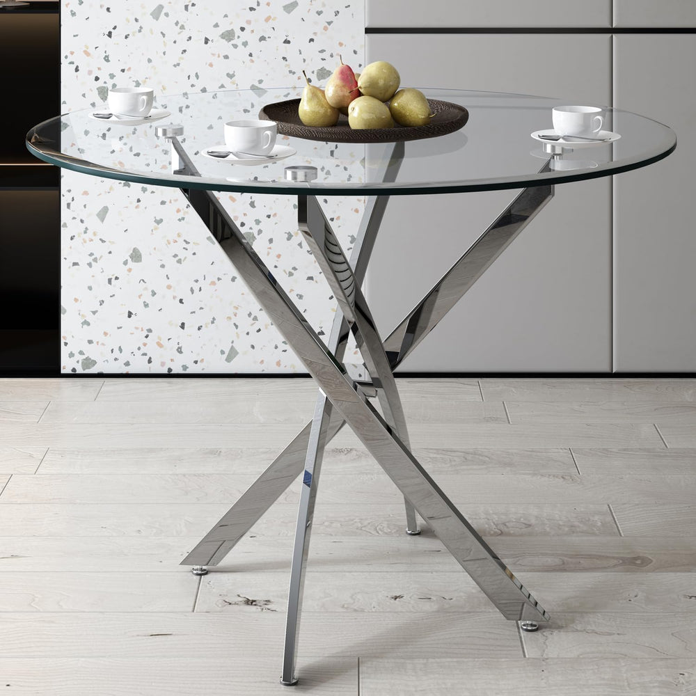 Modern Dining Table for 4 People, 36" Round Dining Table with Silver Chr...