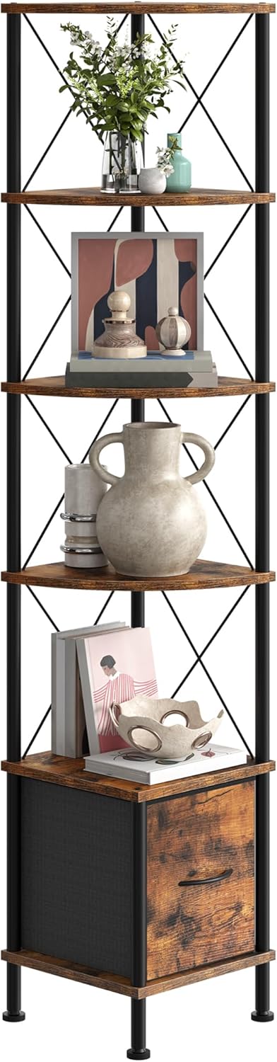 CHOEZON Corner Shelf with Drawer, Narrow Corner Bookshelf, Standing Bookcase,...