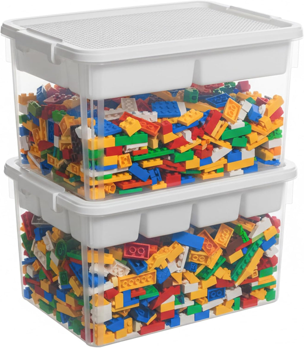 Citylife 32 QT Stackable Toy Storage with Building Baseplate Lid and Removable Tray Tool Box Organizer Storage Bins with Lids for Organizing Bead, Tool, Sewing, 2 Packs