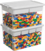 Citylife 32 QT Stackable Toy Storage with Building Baseplate Lid and Removable Tray Tool Box Organizer Storage Bins with Lids for Organizing Bead, Tool, Sewing, 2 Packs