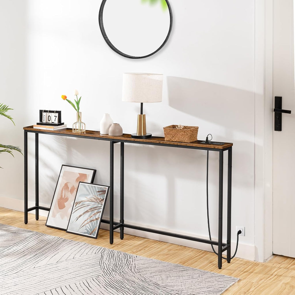 HOOBRO 70.9" Narrow Console Table with Charging Station, 5.9" Slim Sofa Table Behind Couch, 2 AC Outlets & USB-C Ports, Long Entryway Tables, for Hallway, Livingroom, Rustic Brown BF185UXG01G1