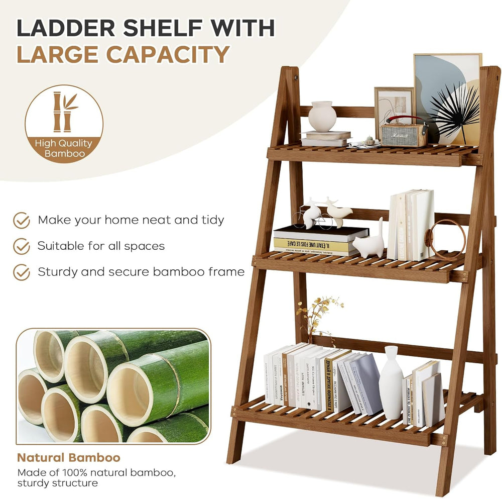 Bamboo Ladder Shelf 3-Tier Foldable Plant Stand, 23.6"W x 15"D x 39...