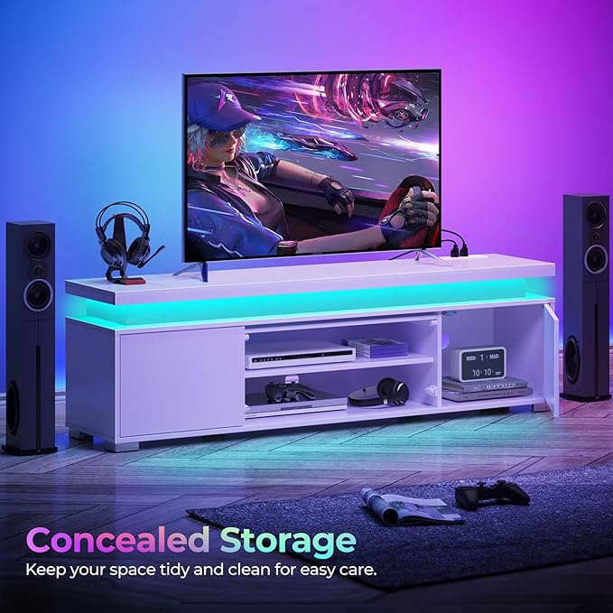Rolanstar TV Stand with LED Lights & Power Outlet, Modern Entertainment Center for 32/43/50/55/65 Inchs TVs, Table, Universal Gaming Media Stand Storage Cabinet and Large Storage, White