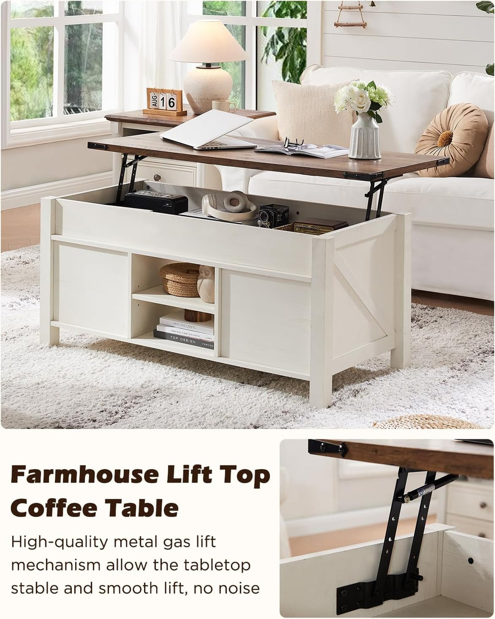 OKD 48" Farmhouse Lift Top Coffee Table, Sliding Barn Door, Antique White