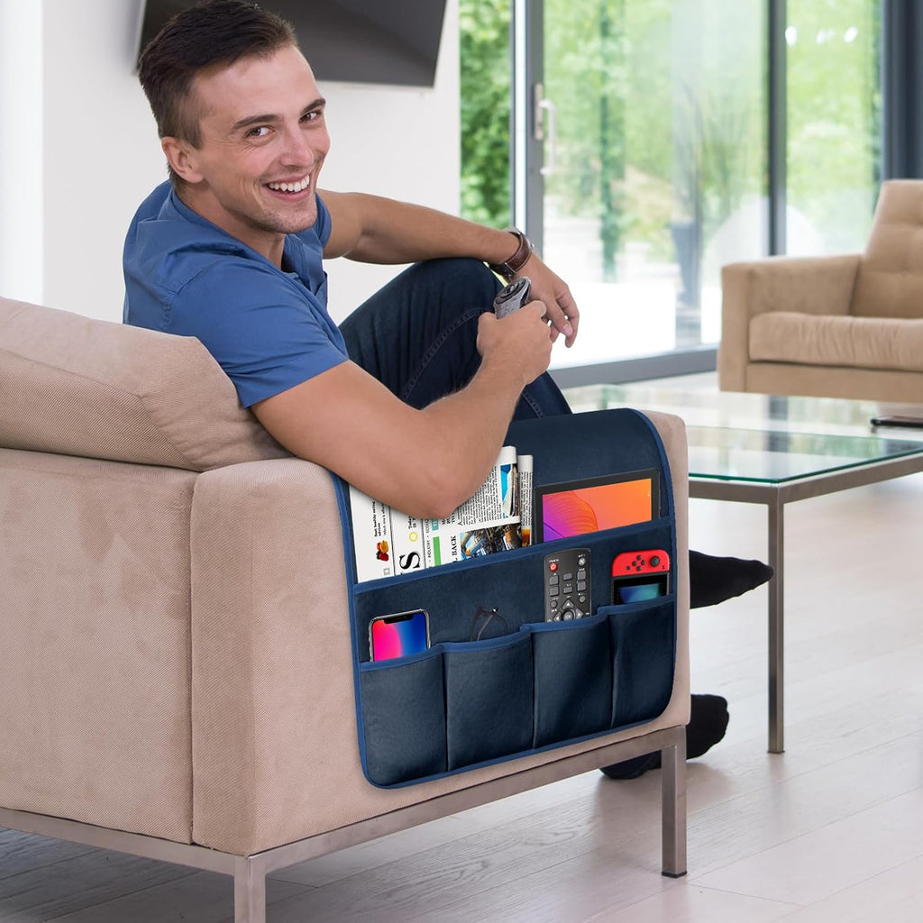 TV Remote Control Holder Couch Caddy, Non-slip Bedside Caddy Organizer with 5 Pockets for Key Glasses Phone Magazine Holders