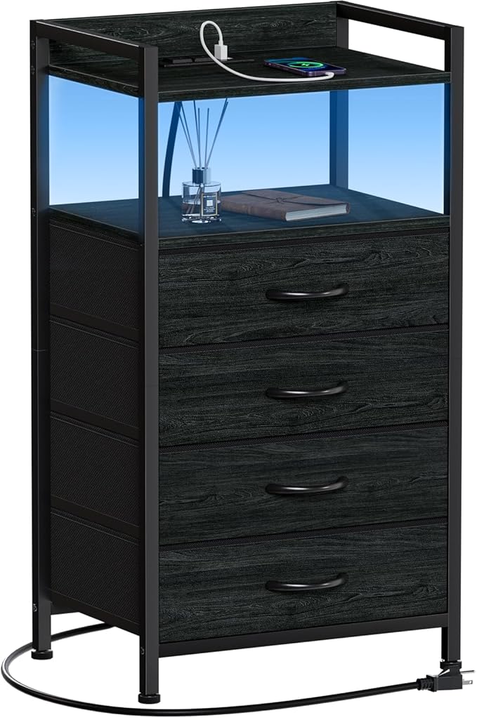 Furnulem Night Stand with Charging Station, Black Nightstand with Drawers and...