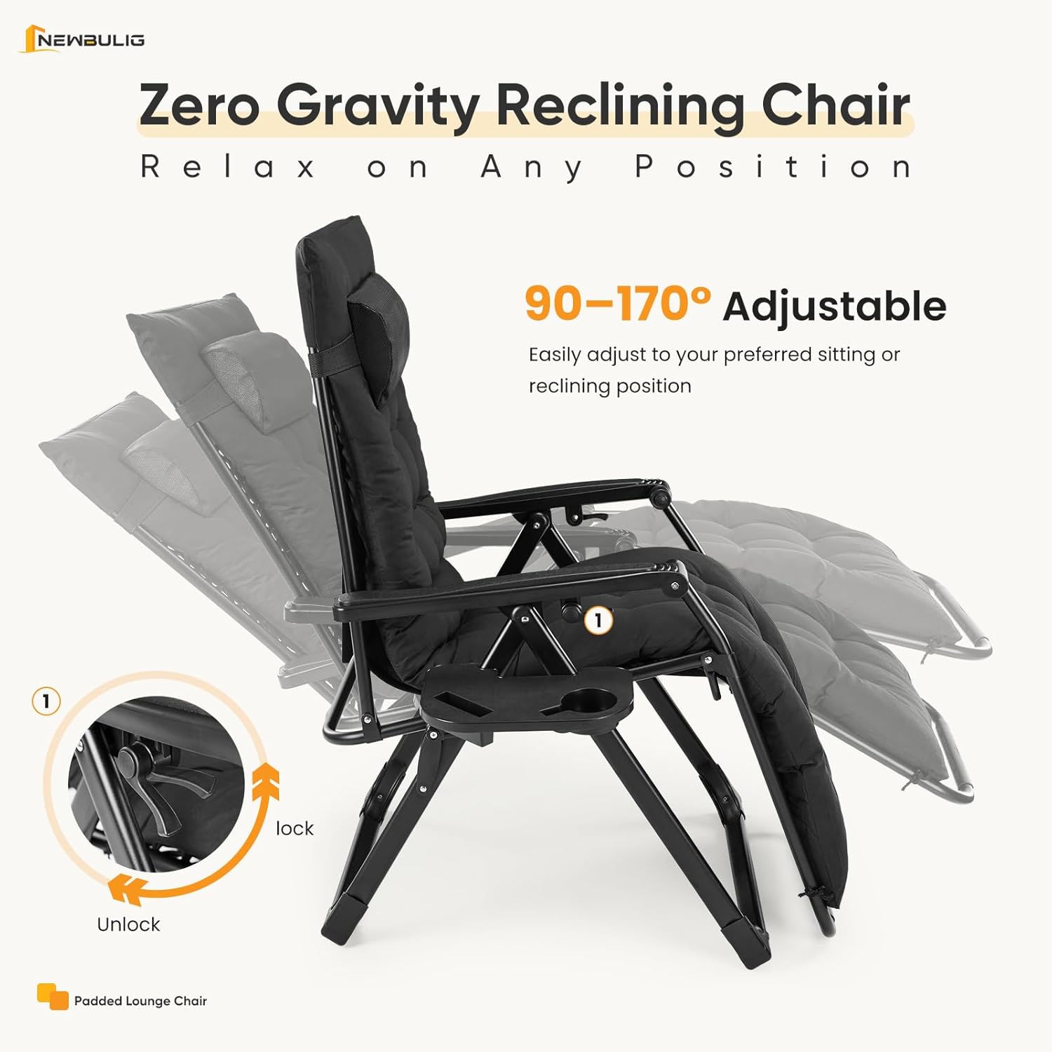 NEWBULIG Zero Gravity Chair, Folding Patio Recliner with Removable Cushion & Cup Holder Trays, Portable Lounge Chair for Beach & Camping, Classic Black