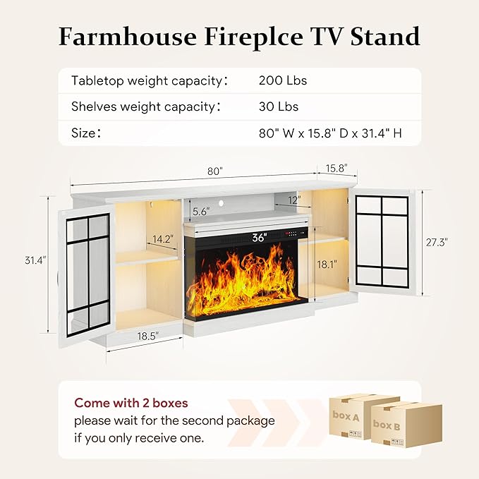MXV 80'' Fireplace TV Stand, Farmhouse Entertainment Center with 3 Sided Glass TV Stand, Modern Media Console Table with Storage Drawers & Cabinets with LED Flame and Lights for Living Room, White