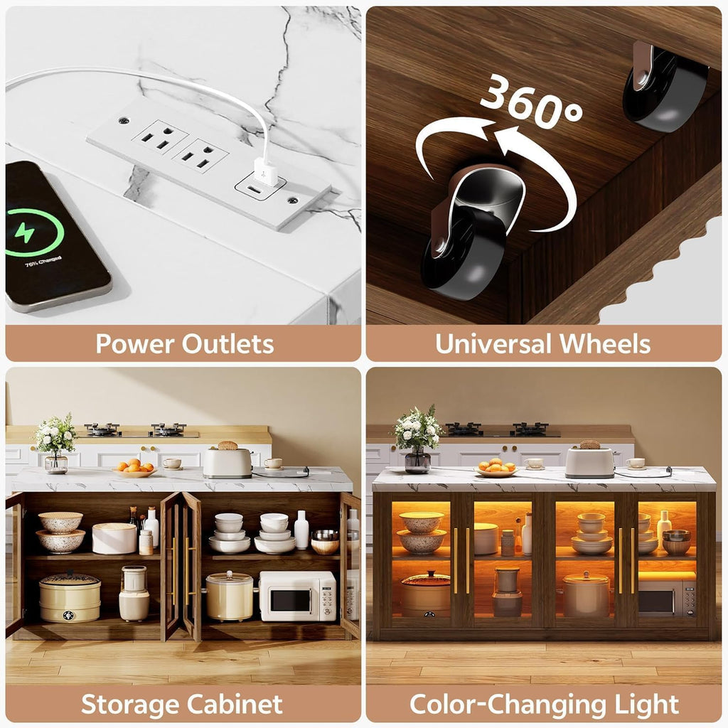 Kitchen Island with Storage, Faux Marble Island Table with RGB LED | Lights & Cabinet for Kitchen, Rolling Island Cart Modern Kitchen Island on Wheels for Dining Room, Home Bar, Walnut