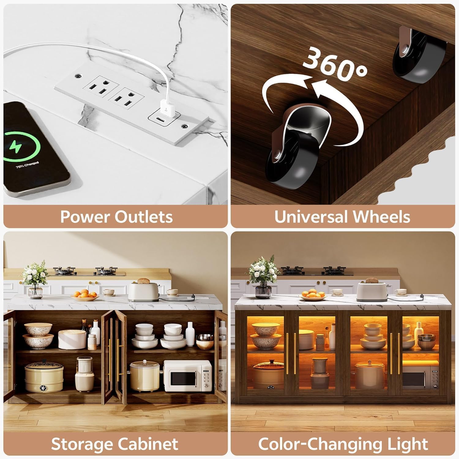 Kitchen Island with Storage, Faux Marble Island Table with RGB LED | Lights & Cabinet for Kitchen, Rolling Island Cart Modern Kitchen Island on Wheels for Dining Room, Home Bar, Walnut