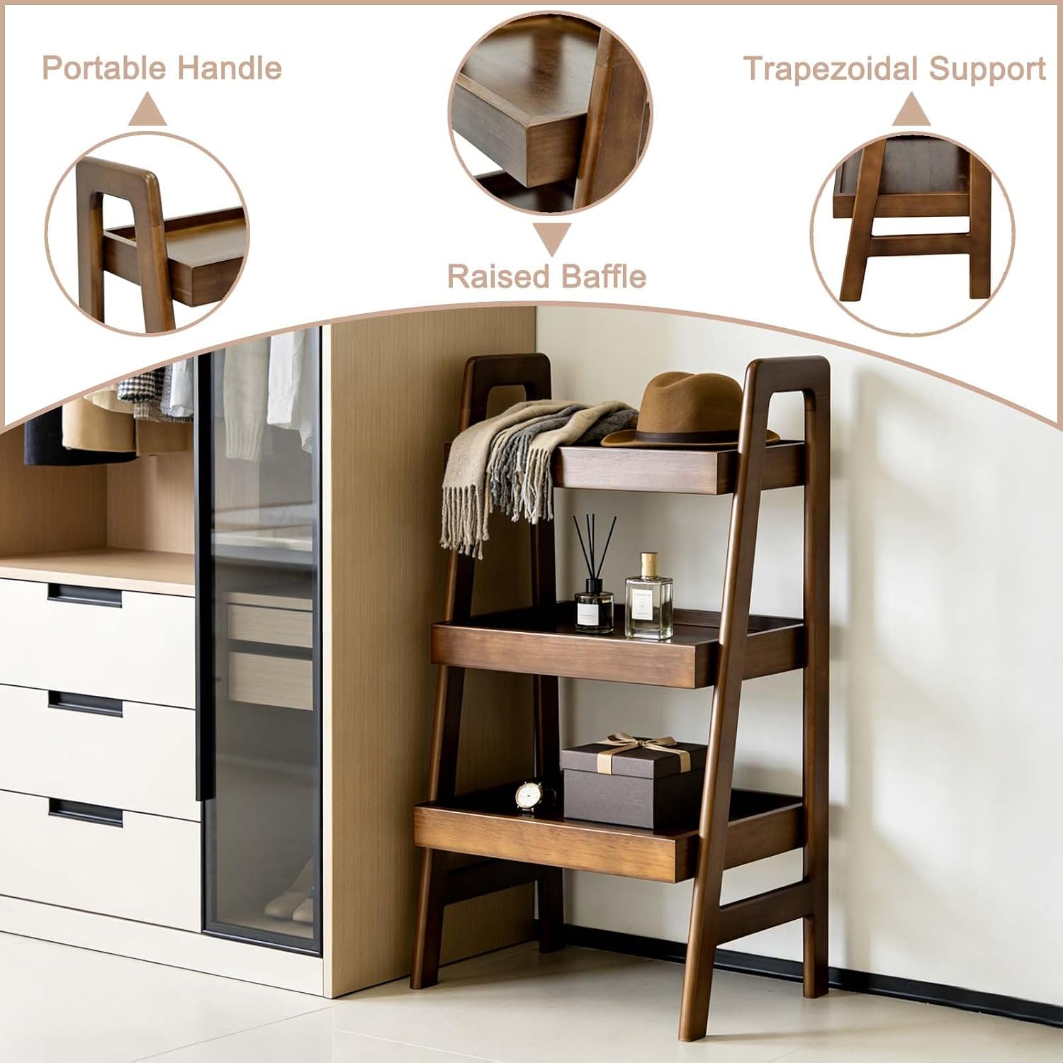 3 Tier Wooden Ladder Shelf, Small Leaning Bookshelf with Open Storage & Raised Guard Rail, Freestanding Display Shelf for Bedroom Living Room Apartment Balcony Small Spaces
