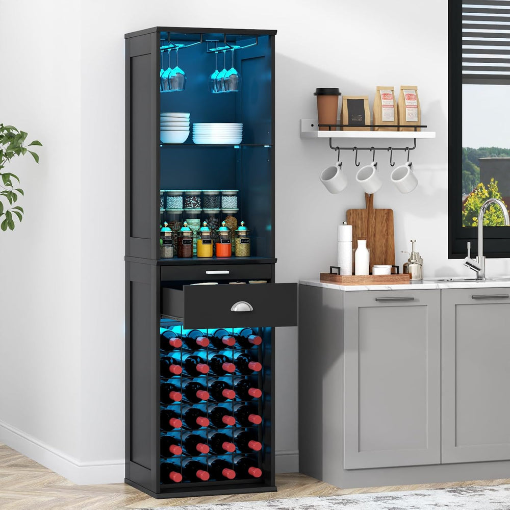 Wine Bar Cabinet w/LED Lights, 65'' Tall Coffee Bar w/24 Wine Rack