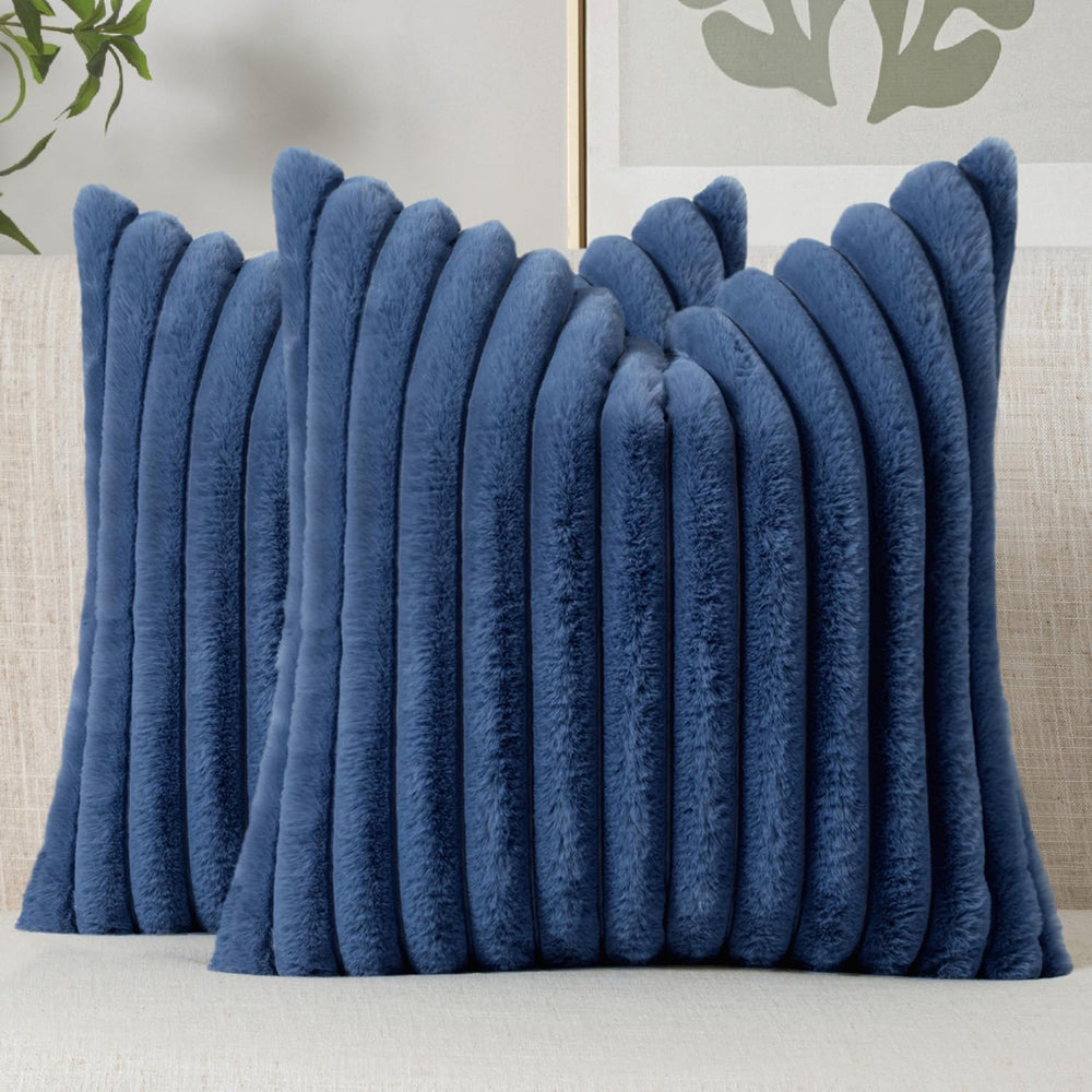 MIULEE Faux Fur Decorative Euro Sham Pillow Covers 24x24 Navy Blue 2 Pack