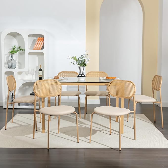 COSVALVE Boho Dining Table Chairs Set of 6, Tempered Glass Tabletop with Rattan Decor, Upholstered Cane Dining Chair with Rattan Back Metal Legs, for Dinner Living Room Reception