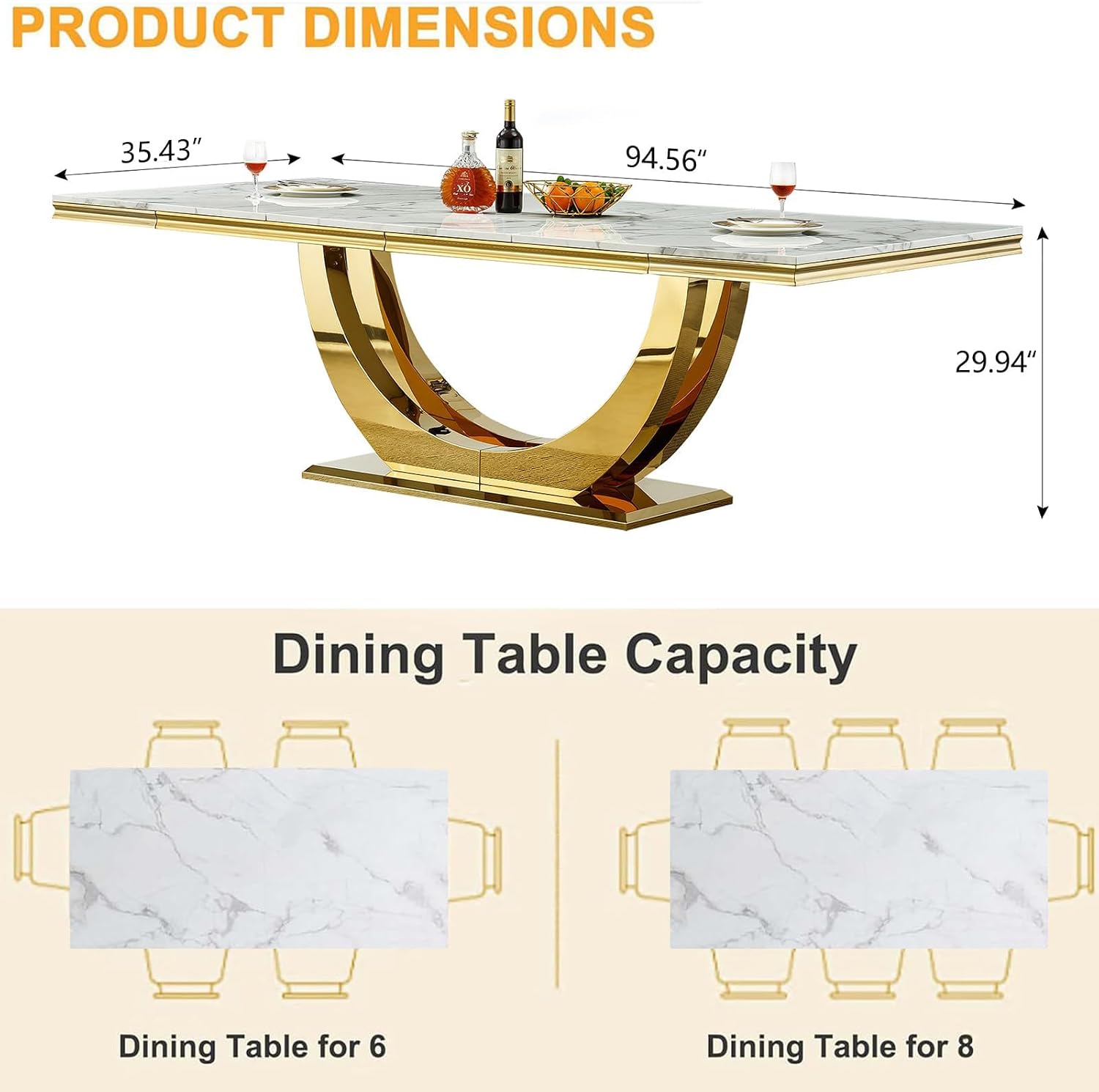 94 Inch White Marble Dining Table for 6-10 People, Modern Extra Long Rectangular Kitchen Table w/Faux Marble Top & Gorgeous Mirrored Stainless Steel Base, Large Rectangular Gold Dining Room Table