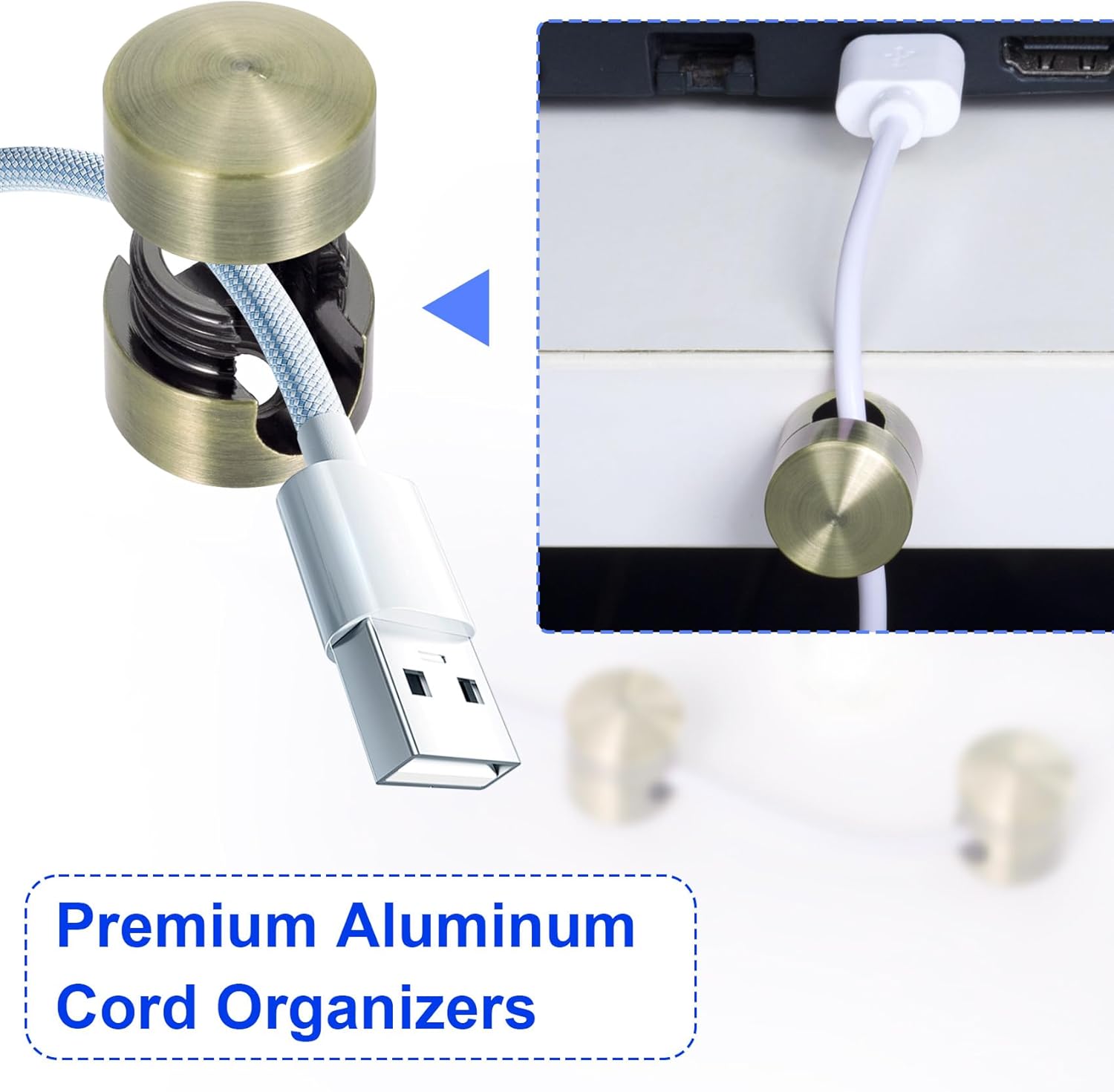 3 Sets Charger Holders for Cords, Gold/Silver/Antique Copper Adjustable Cable Anchor Holders, Adhesive Metal Cord Clips, Cable Management Wire Organizers for Desk, Office, Nightstand