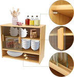 3 Tier Small Bamboo Pantry, Freestanding Dining Cupboard Kitchen Sideboard Countertop Storage Cabinet with 2 Sliding Striped Glass Doors for Spice Seasoning Bottles, Dish, Bowl (Log-Colored)
