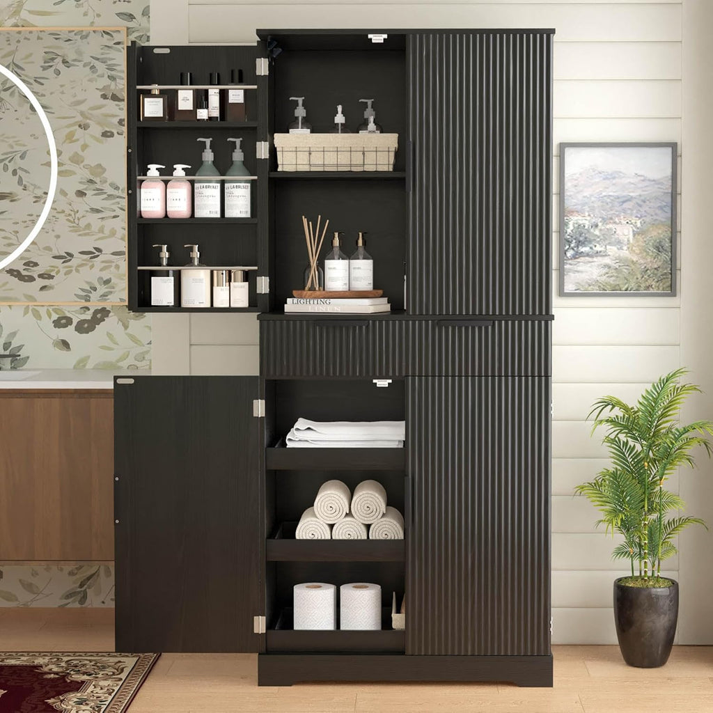 72" Tall Kitchen Pantry Cabinet with 3 Drawers & 6 Adjustable Shelves - Freestanding Storage Cupboard for Bathroom, Dining Room, Office or Entryway, Organizer Cabinet, (Black)
