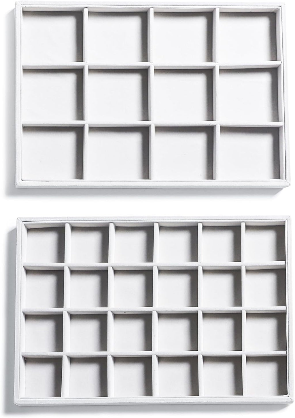 Frebeauty Stackable Velvet Jewelry Organizer Trays for Drawers Inserts Jewelry Storage Tray Display Case, Stud Earrings Bracelets Necklace Rings Accessories Trays for Women(Set of 2)(White)