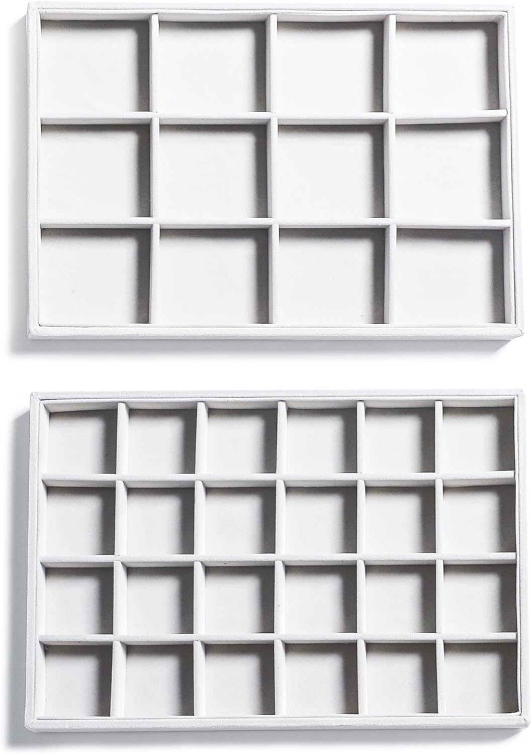 Frebeauty Stackable Velvet Jewelry Organizer Trays for Drawers Inserts Jewelry Storage Tray Display Case, Stud Earrings Bracelets Necklace Rings Accessories Trays for Women(Set of 2)(White)