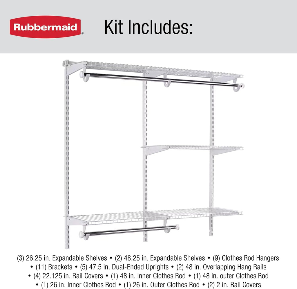 Rubbermaid Configurations Custom Closet Kit 6-10 Ft. Adjustable Metal Wire Shelving White Finish Expandable Organization System Hardware Included for Home Closet/Pantry/Laundry/Mudroom