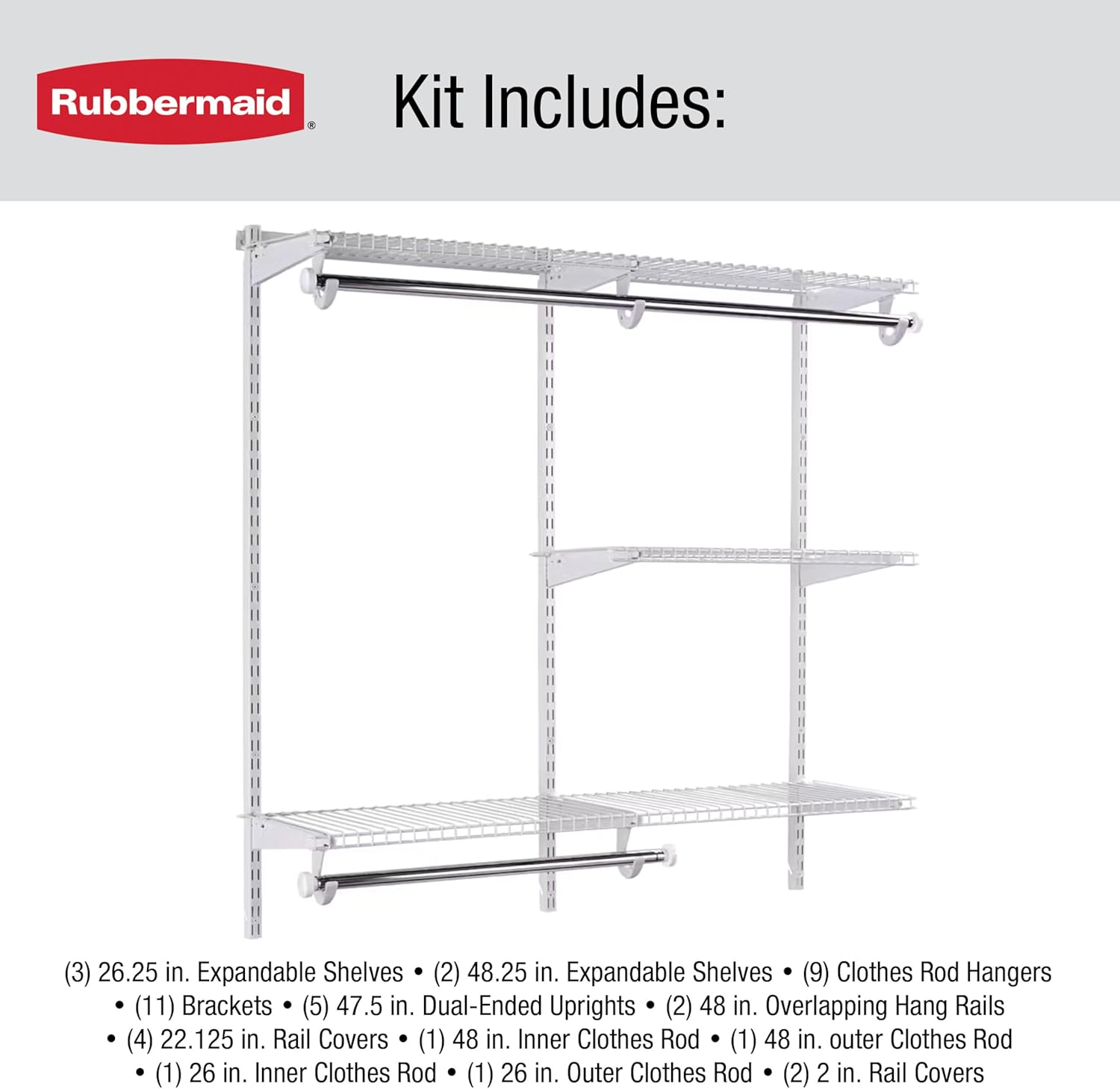 Rubbermaid Configurations Custom Closet Kit 6-10 Ft. Adjustable Metal Wire Shelving White Finish Expandable Organization System Hardware Included for Home Closet/Pantry/Laundry/Mudroom