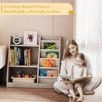 Gray Nursery Bookshelf for Kids 3 Tier Wood Shelf 4 Sling Baby Toddler Bookcase Book Rack with Adjustable Shelf for Boy Girl’s Gift Bedroom Playroom Nursery Classroom Church Kindergarten