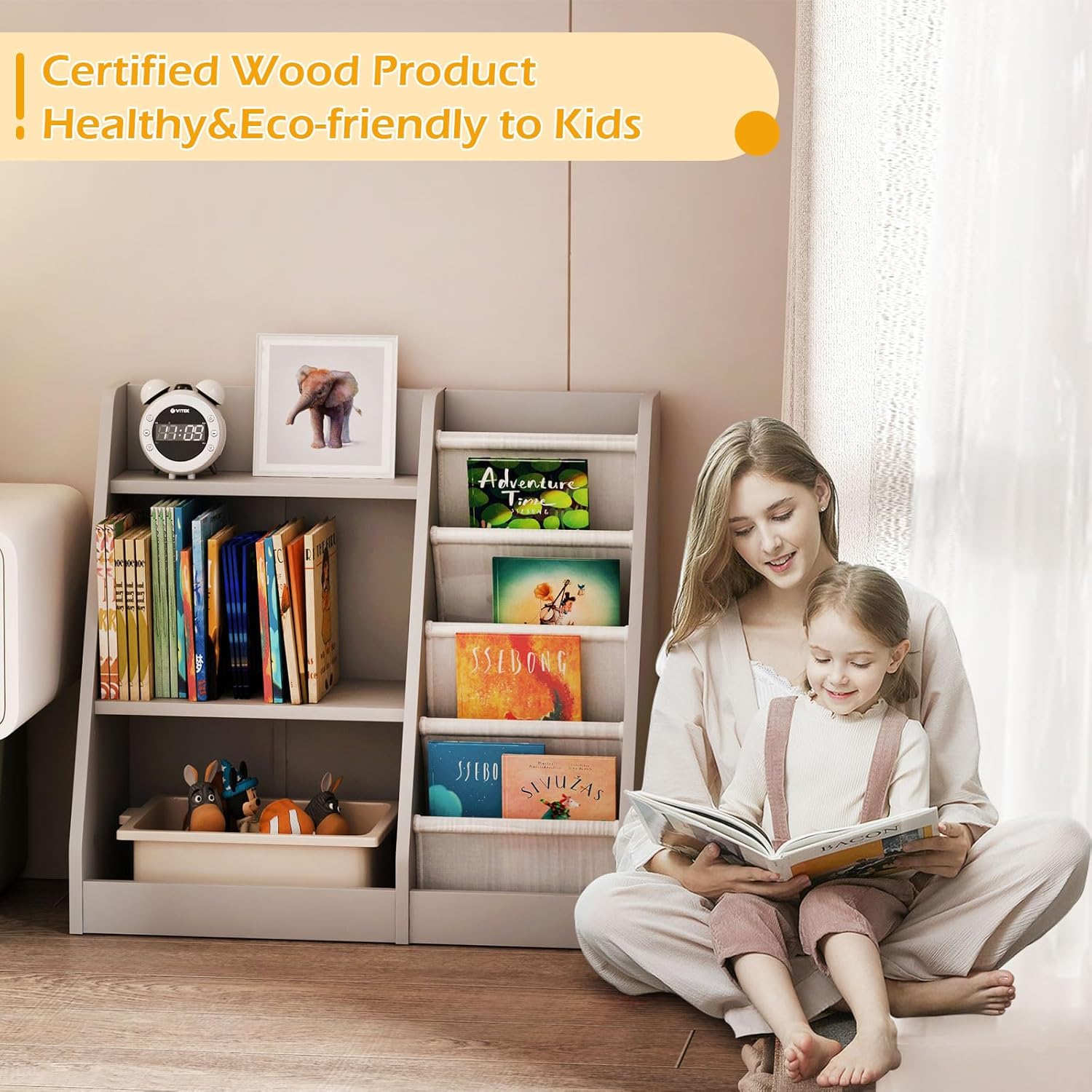 Gray Nursery Bookshelf for Kids 3 Tier Wood Shelf 4 Sling Baby Toddler Bookcase Book Rack with Adjustable Shelf for Boy Girl’s Gift Bedroom Playroom Nursery Classroom Church Kindergarten