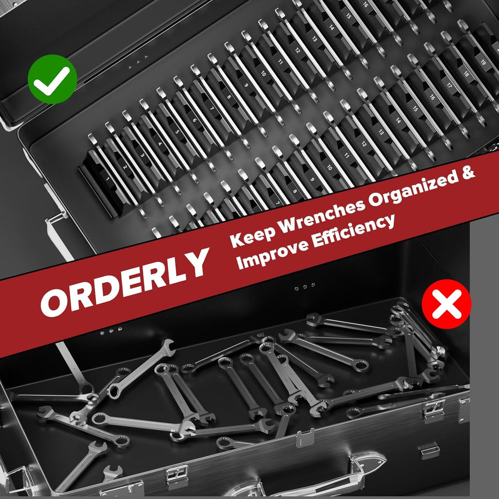 80PCS Modular Wrench Organizer Wrench Holder - Wrench Tool Organizers for Tool Drawer Storage, Wrench Storage Set with Metric & SAE Label, Rack Tool Gift for Professional Mechanics Men, Black