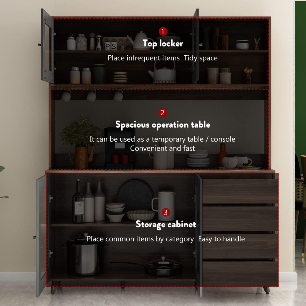 AGOTENI Large Kitchen Hutch Cabinet, Storage Cupboard Pantry with 4 Glass Doo...