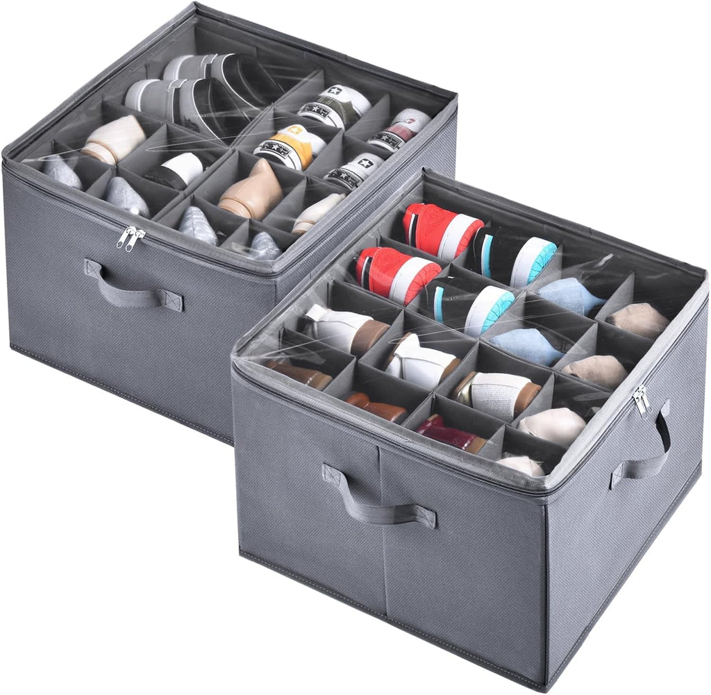 2 Pack Shoe Organizer for Closet,Fits up to 32 Pairs,Adjustable Dividers for Shoe Storage,Fabric Shoe Storage Bins with Clear Cover,Grey