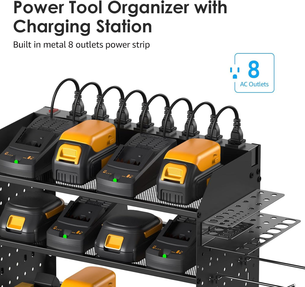 CCCEI Modular Pegboard Rack Power Tool Organizer with Charging Station. 4 Layer Wall Mount Drill Holder, Tool Battery Charger Organizer. Garage Shop Storage Utility Shelf with 10FT Power Strip.