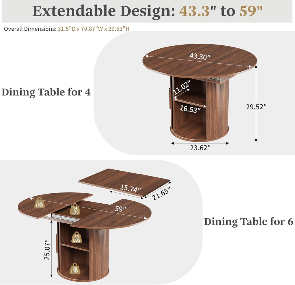 weselon 43"-59" Extendable Round to Oval Dining Table with Hidden S...