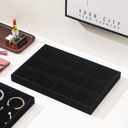 2pcs/Set Velvet Jewelry Tray, 12 Grids Large Storage Tray for Bracelet Bangle Beads Display, Jewellery Organizer Box Tray for Home Drawer or Shop Store Selling Show (Black Velvet)