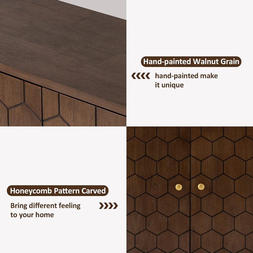 HOMPUS 3 Pieces Sideboard Buffet Cabinet, 32" Accent Cabinet with Doors & Shelves, Storage Cabinet with Honeycomb Pattern Doors, Modern Console Table for Kitchen, Living Room, Easy Assemble,Walnut