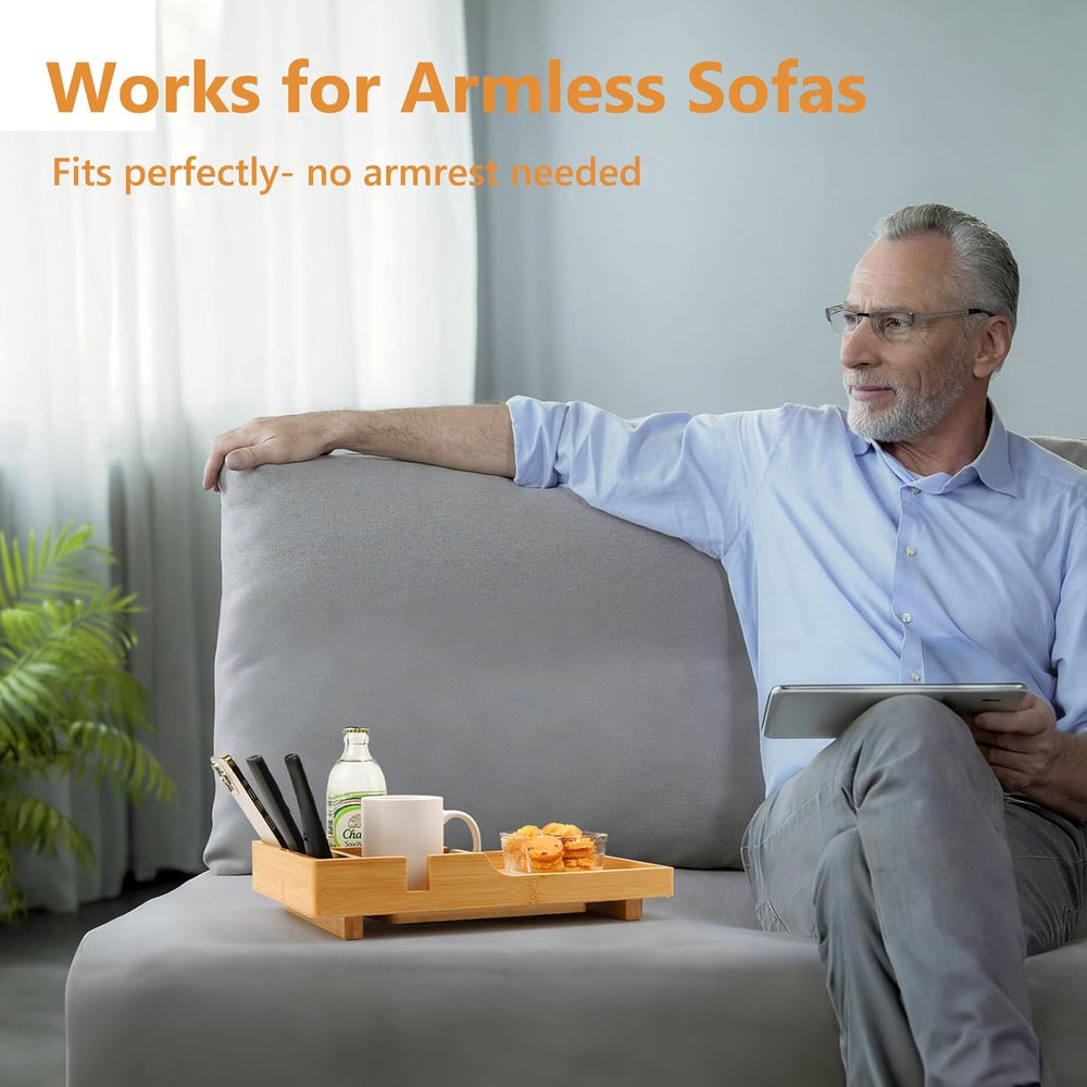 Couch Tray Insert for Middle Seat, Bamboo Couch Table with 2 Cup Holders, Fit...